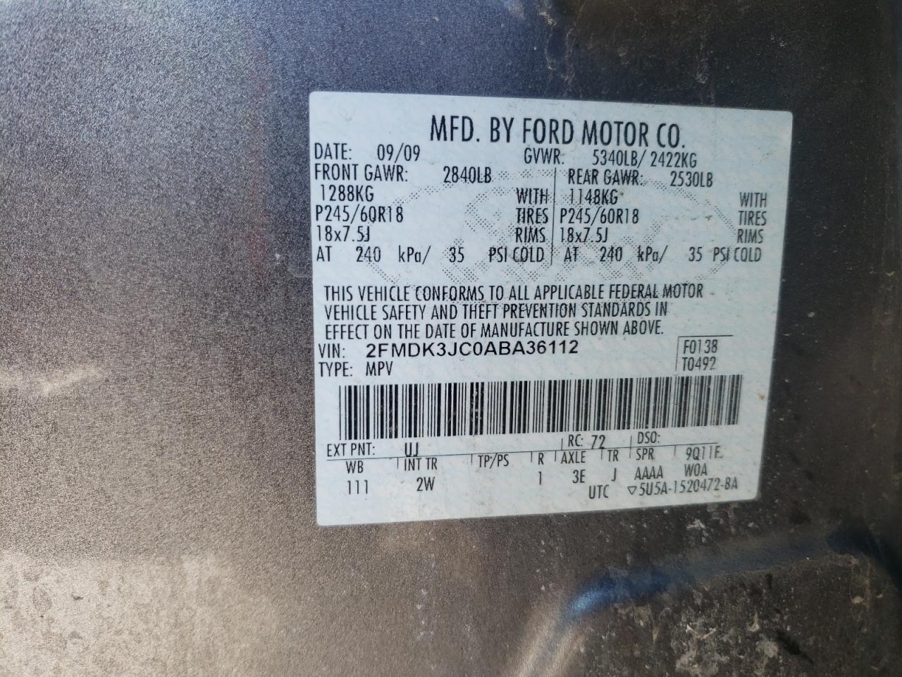 Photo 10 from auction – 2010 FORD EDGE SEL with VIN 2FMDK3JC0ABA36112
