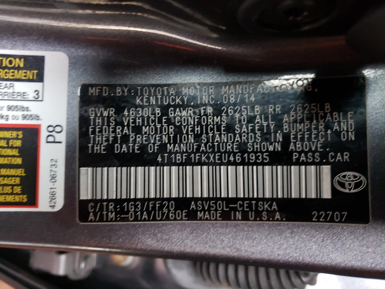 Photo 10 from auction – 2014 TOYOTA CAMRY L with VIN 4T1BF1FKXEU461935