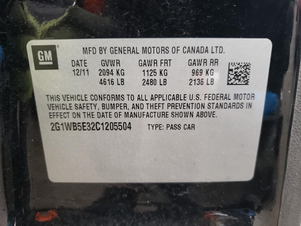 Photo 10 from auction – 2012 CHEVROLET IMPALA LT with VIN 2G1WB5E32C1205504