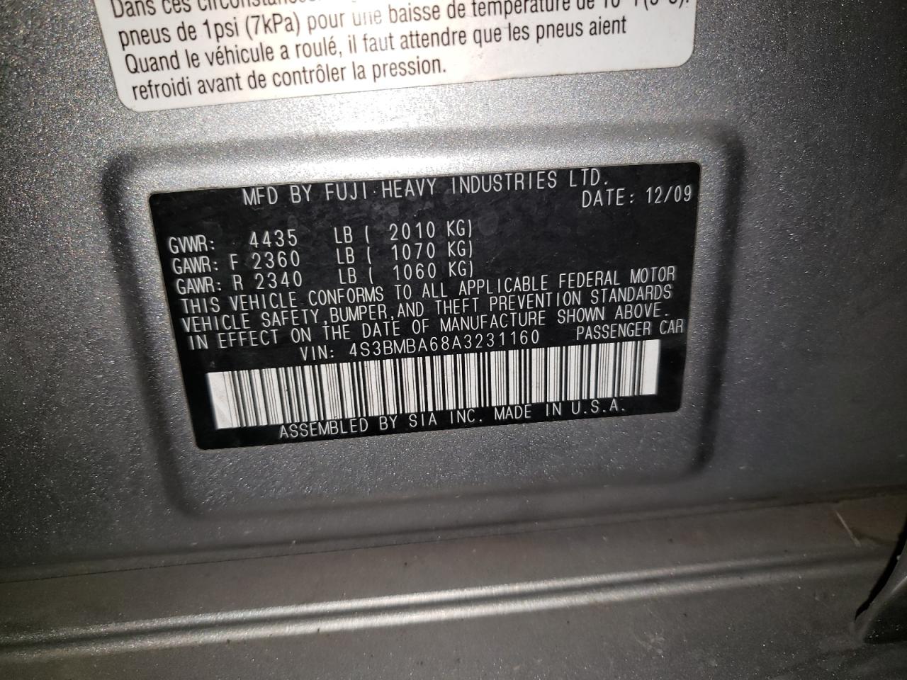 Photo 10 from auction – 2010 SUBARU LEGACY 2.5 with VIN 4S3BMBA68A3231160