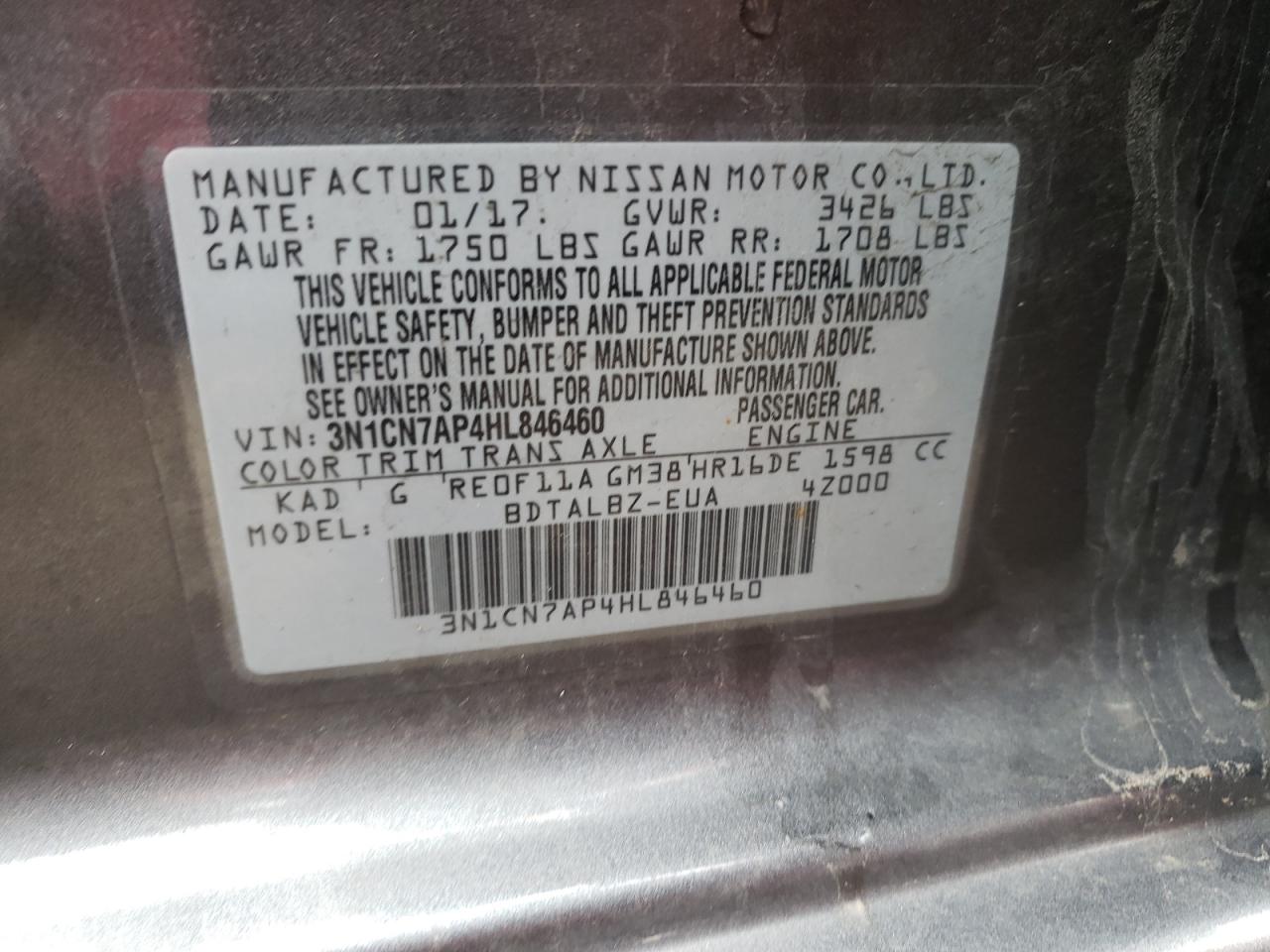 Photo 10 from auction – 2017 NISSAN VERSA S with VIN 3N1CN7AP4HL846460