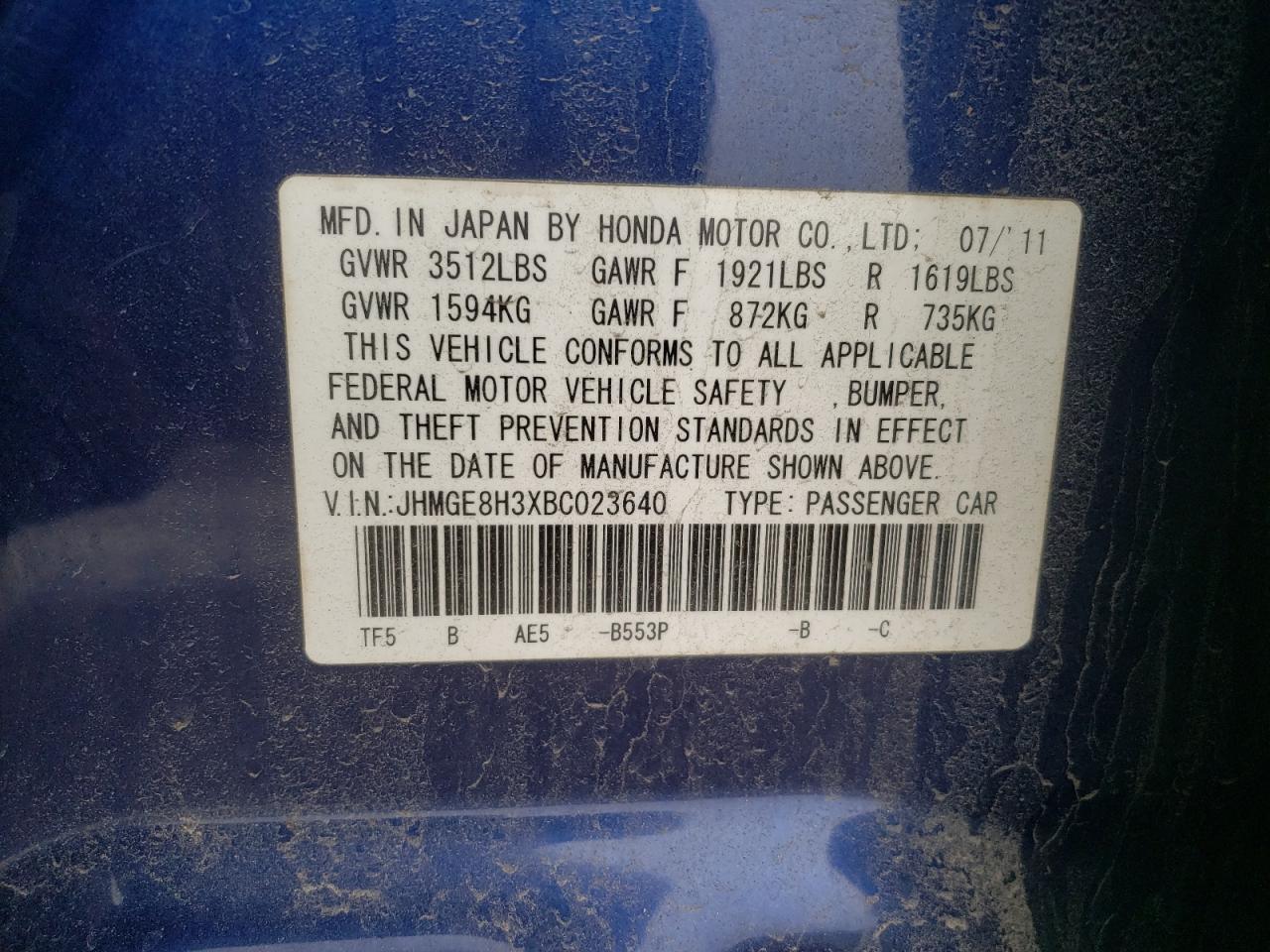 Photo 10 from auction – 2011 HONDA FIT with VIN JHMGE8H3XBC023640