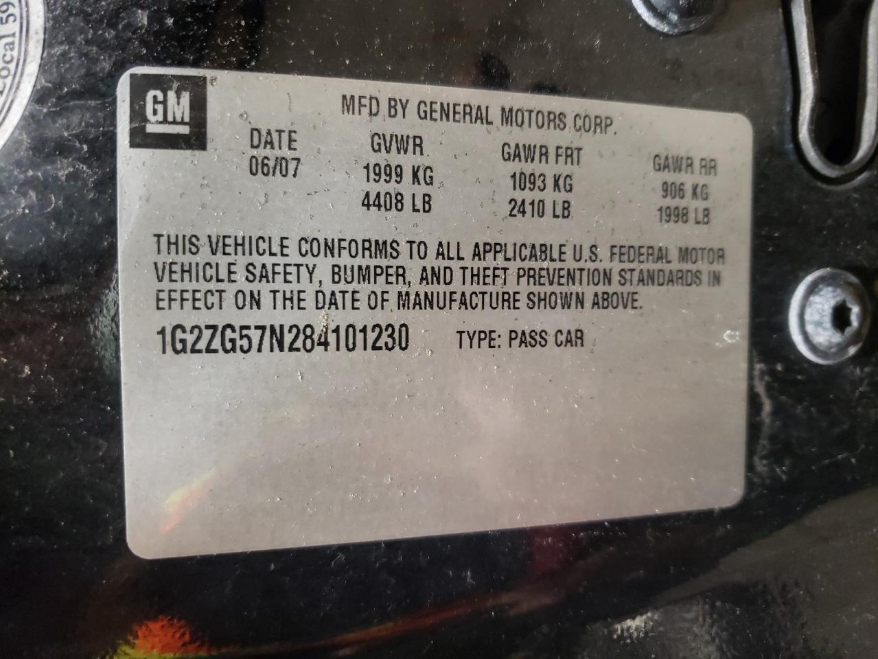 Photo 10 from auction – 2008 PONTIAC G6 BASE with VIN 1G2ZG57N284101230