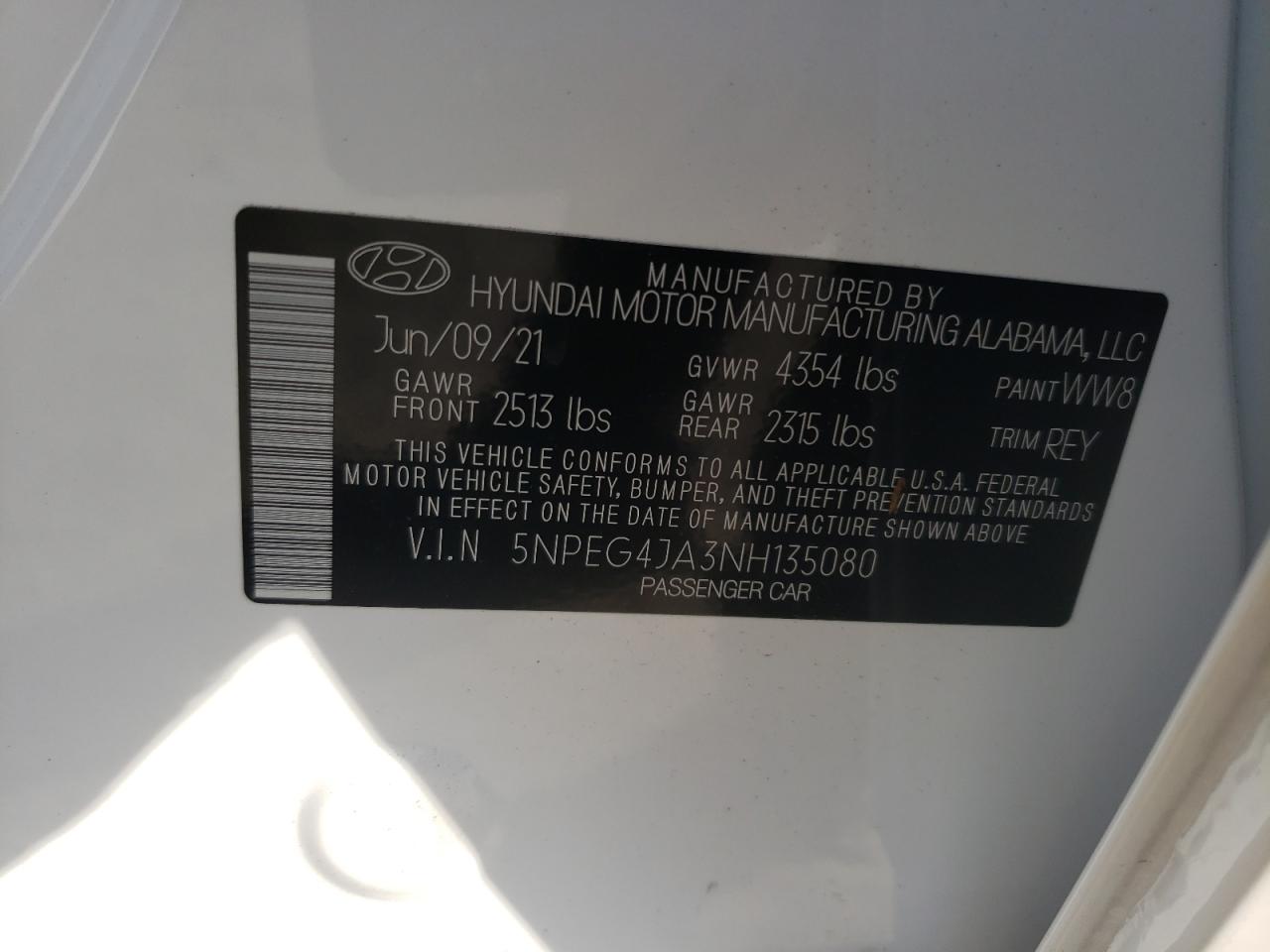Photo 10 from auction – 2022 HYUNDAI SONATA SE with VIN 5NPEG4JA3NH135080
