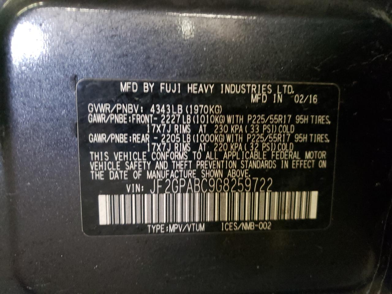 Photo 10 from auction – 2016 SUBARU CROSSTREK with VIN JF2GPABC9G8259722