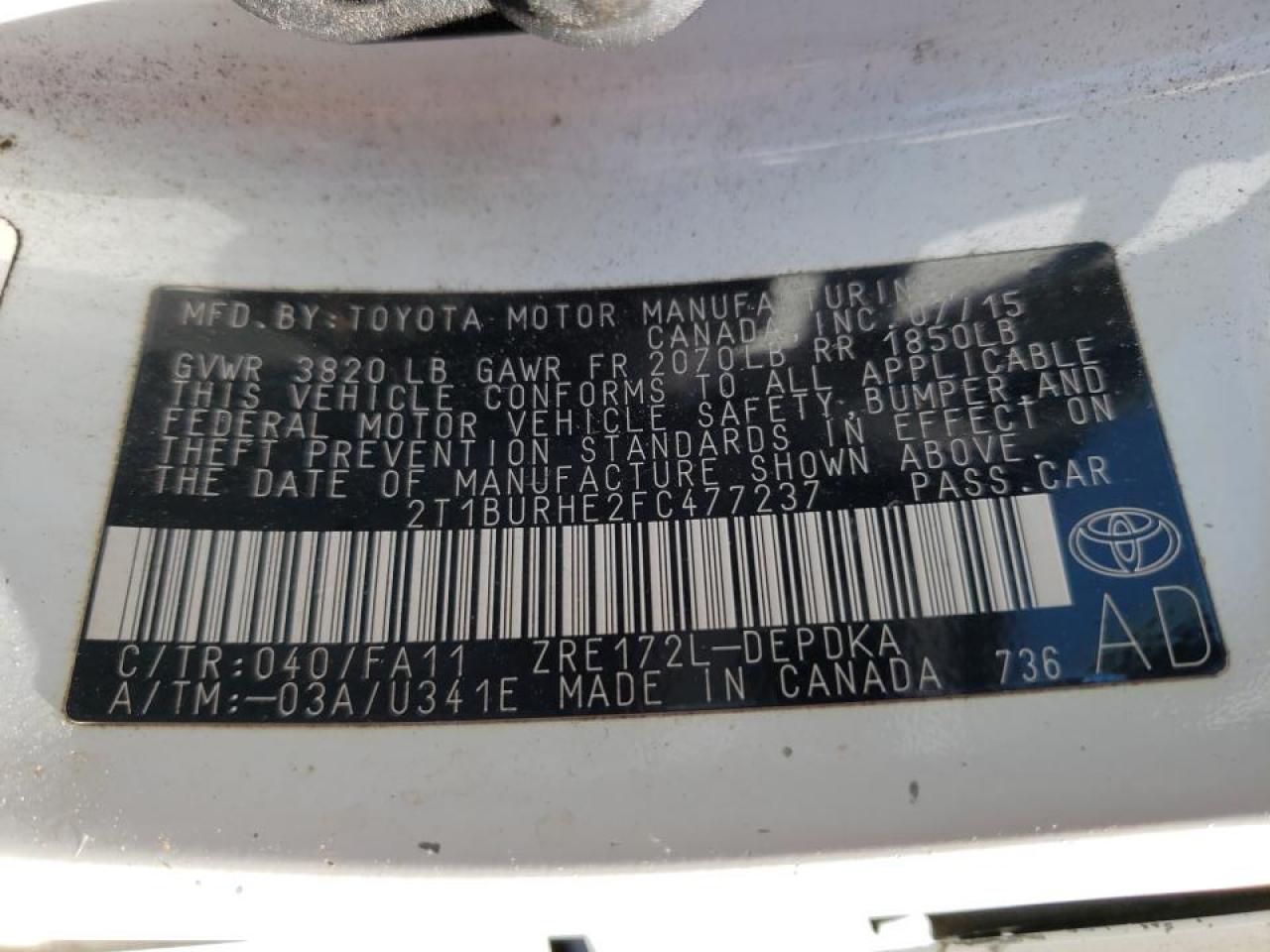 Photo 10 from auction – 2015 TOYOTA COROLLA L with VIN 2T1BURHE2FC477237