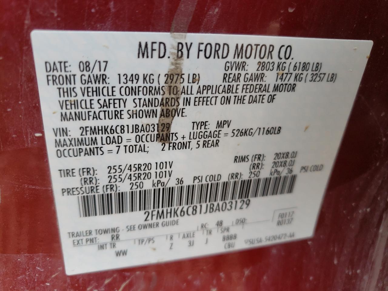 Photo 10 from auction – 2018 FORD FLEX SEL with VIN 2FMHK6C81JBA03129