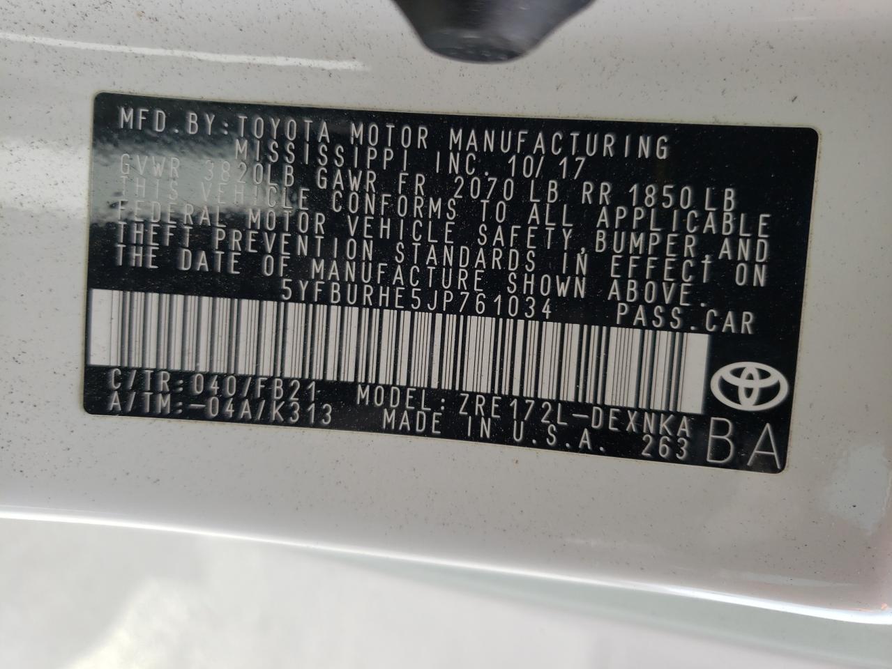 Photo 10 from auction – 2018 TOYOTA COROLLA L with VIN 5YFBURHE5JP761034
