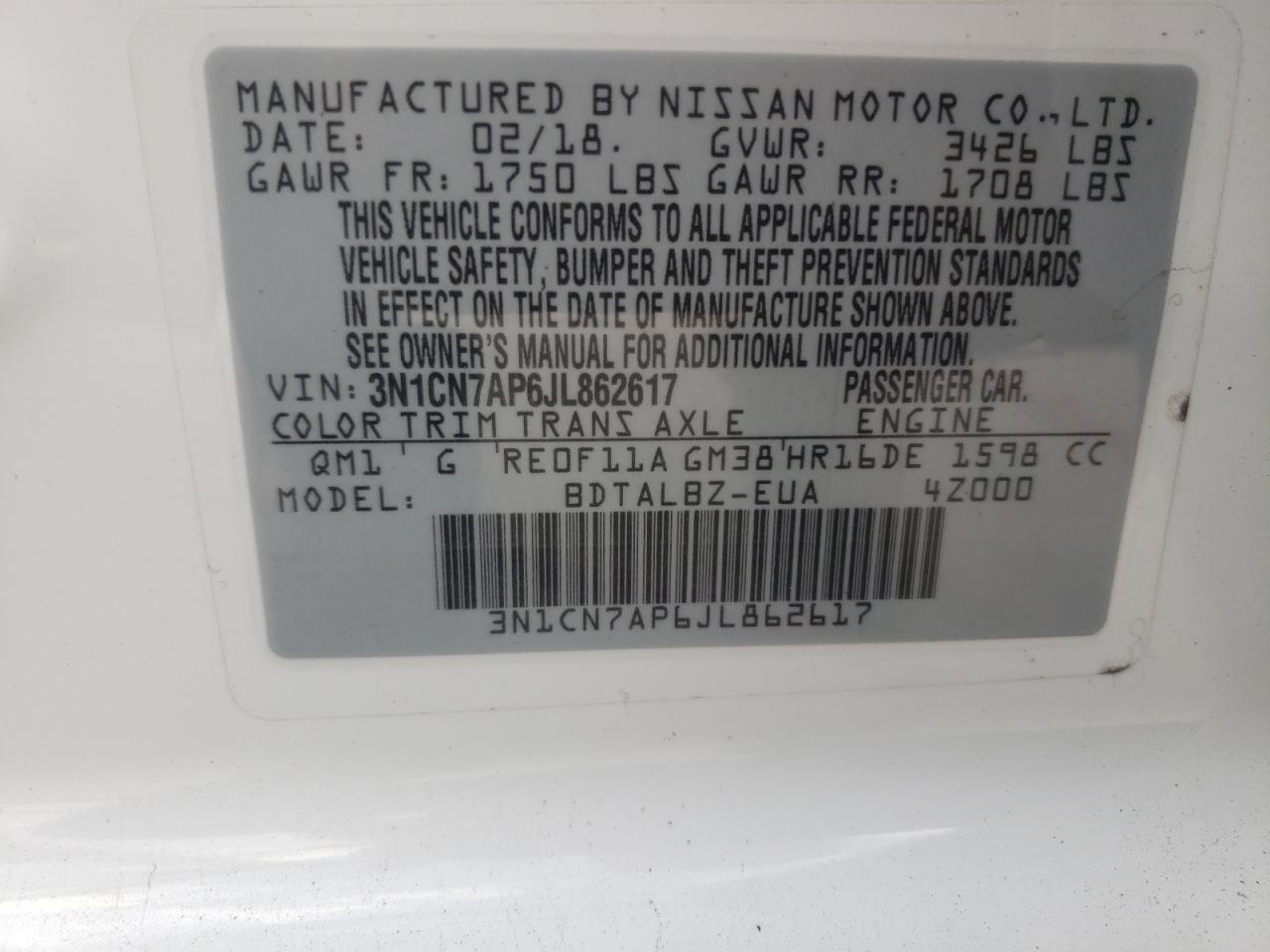 Photo 10 from auction – 2018 NISSAN VERSA S with VIN 3N1CN7AP6JL862617