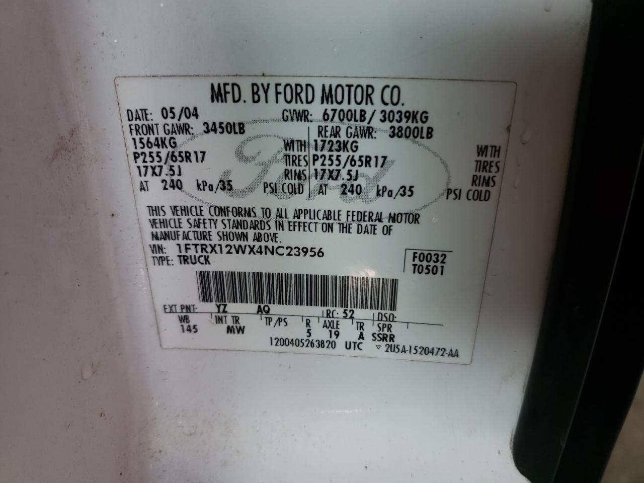 Photo 10 from auction – 2004 FORD F150 with VIN 1FTRX12WX4NC23956