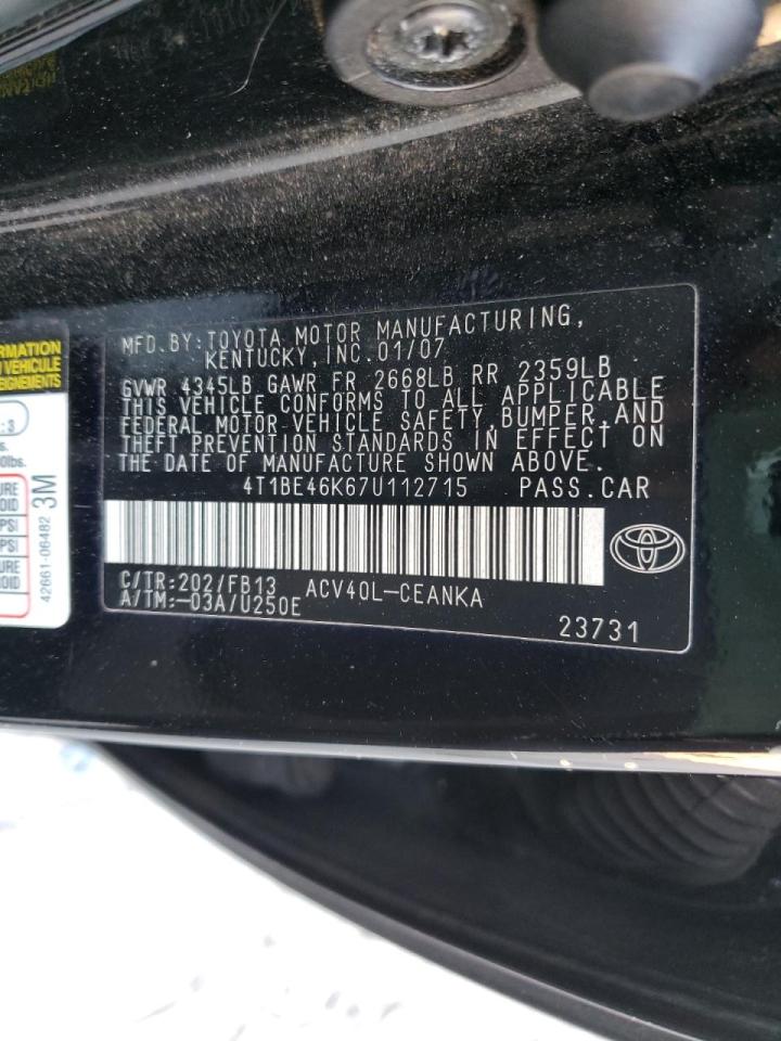 Photo 10 from auction – 2007 TOYOTA CAMRY CE with VIN 4T1BE46K67U112715