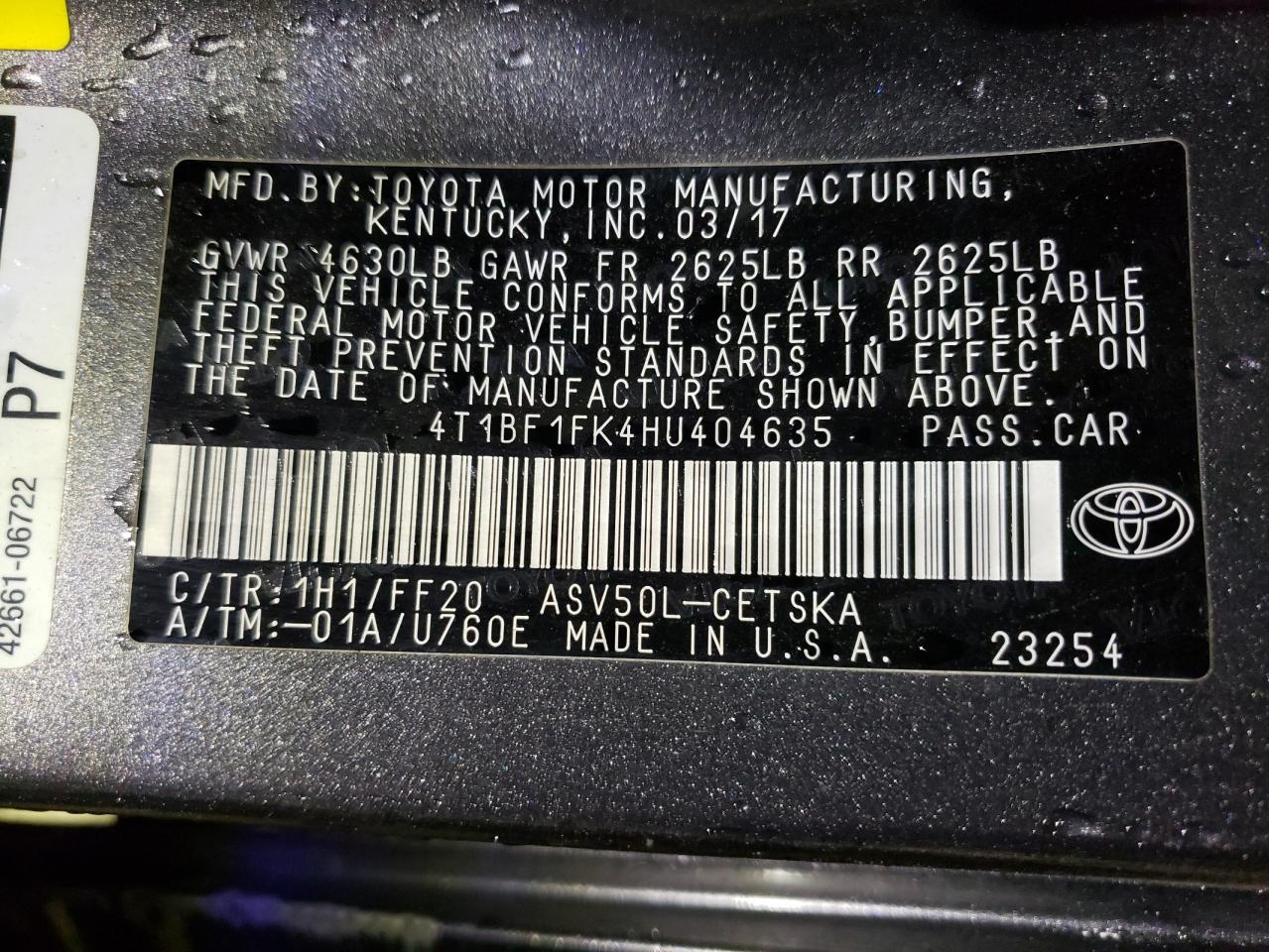 Photo 10 from auction – 2017 TOYOTA CAMRY LE with VIN 4T1BF1FK4HU404635