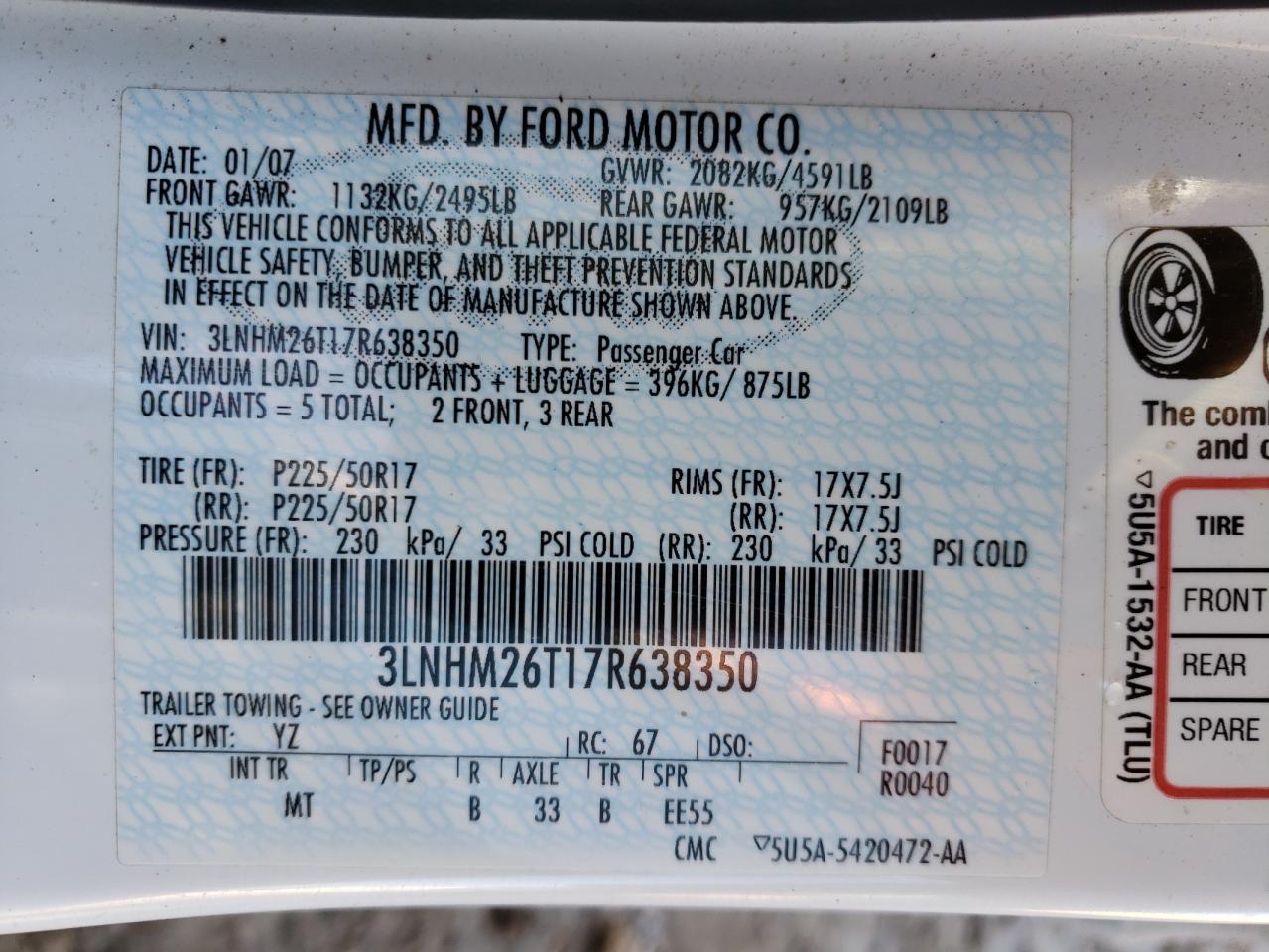 Photo 10 from auction – 2007 LINCOLN MKZ with VIN 3LNHM26T17R638350