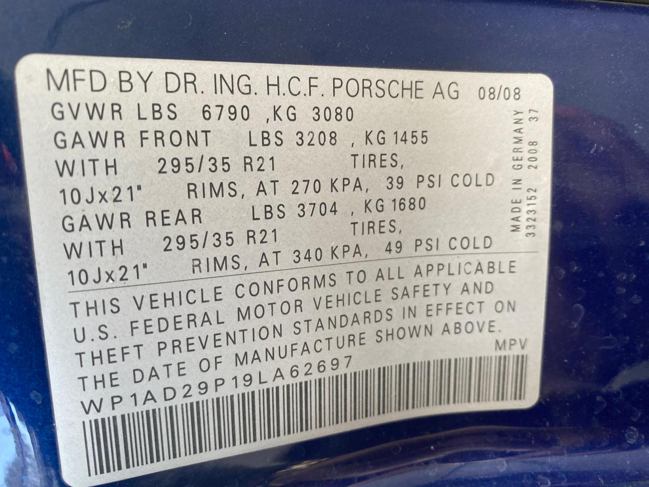 Photo 10 from auction – 2009 PORSCHE CAYENNE GT with VIN WP1AD29P19LA62697