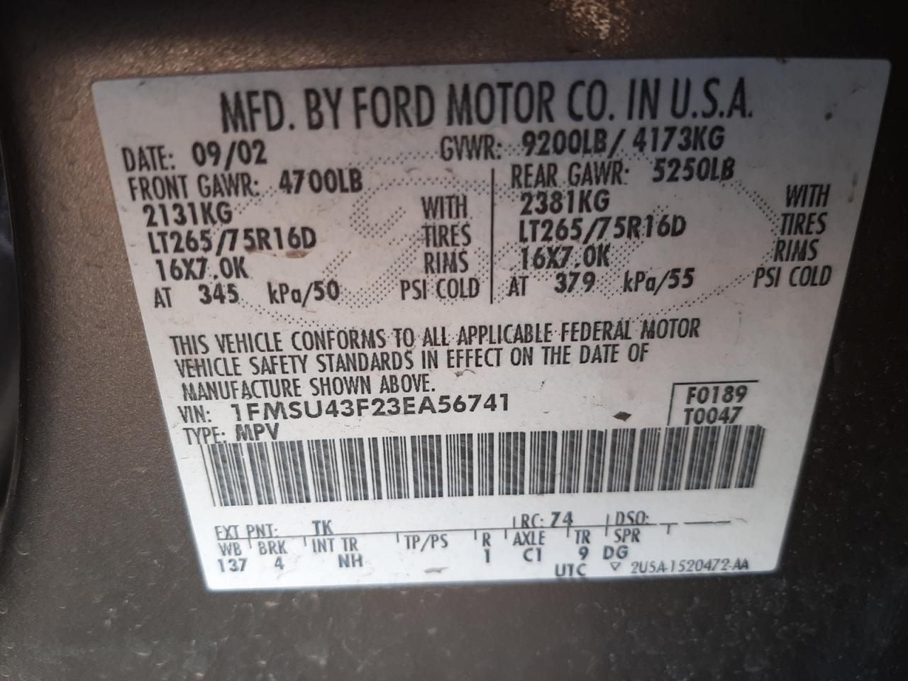 Photo 10 from auction – 2003 FORD EXCURSION with VIN 1FMSU43F23EA56741