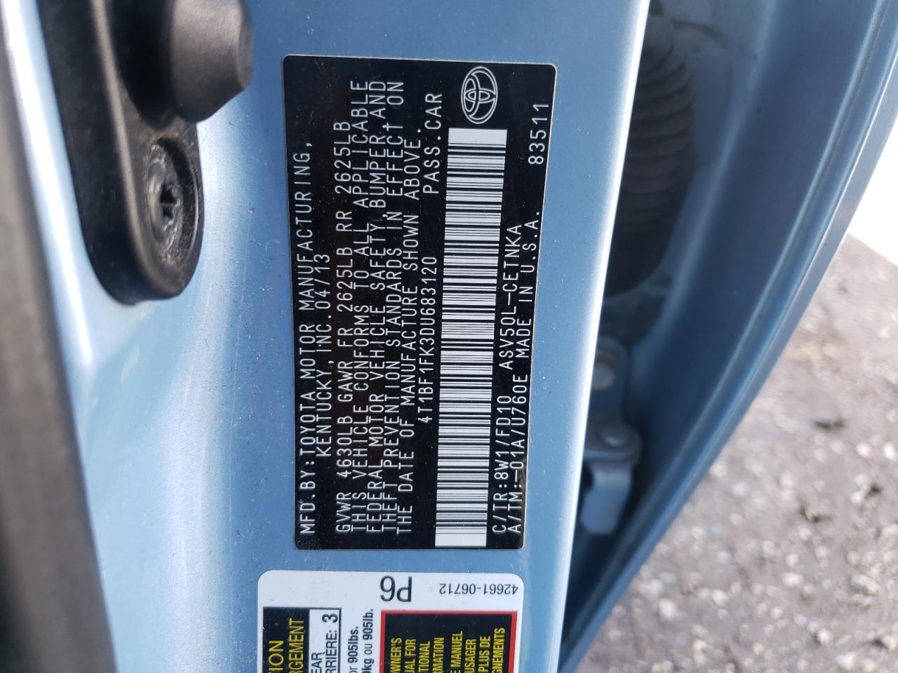 Photo 10 from auction – 2013 TOYOTA CAMRY L with VIN 4T1BF1FK3DU683120
