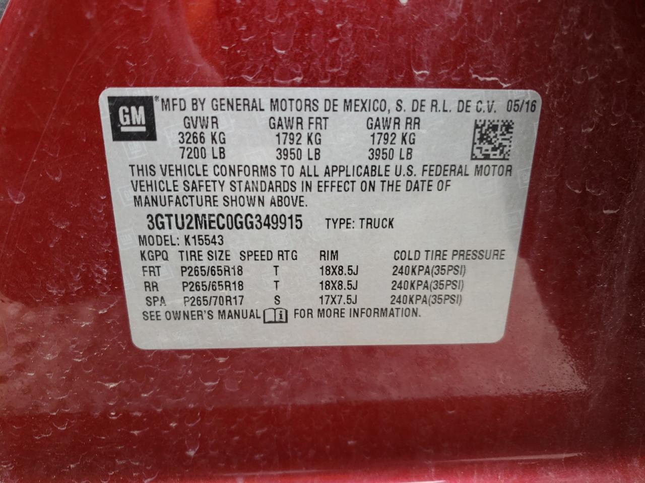 Photo 10 from auction – 2016 GMC SIERRA K15 with VIN 3GTU2MEC0GG349915