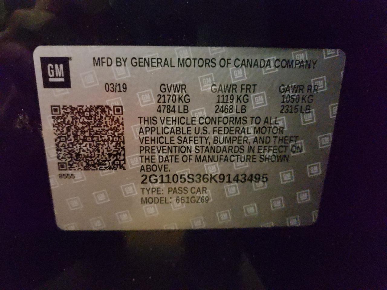 Photo 10 from auction – 2019 CHEVROLET IMPALA PRE with VIN 2G1105S36K9143495