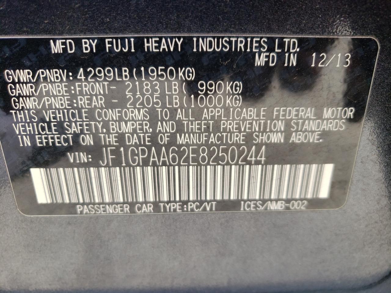 Photo 10 from auction – 2014 SUBARU IMPREZA with VIN JF1GPAA62E8250244