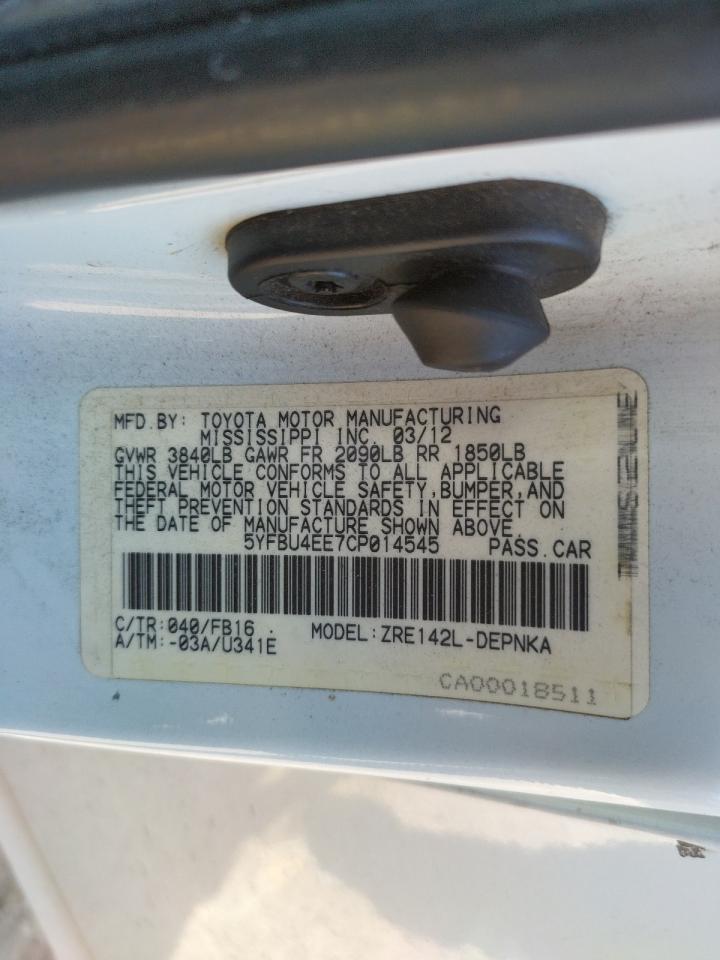 Photo 10 from auction – 2012 TOYOTA COROLLA BA with VIN 5YFBU4EE7CP014545