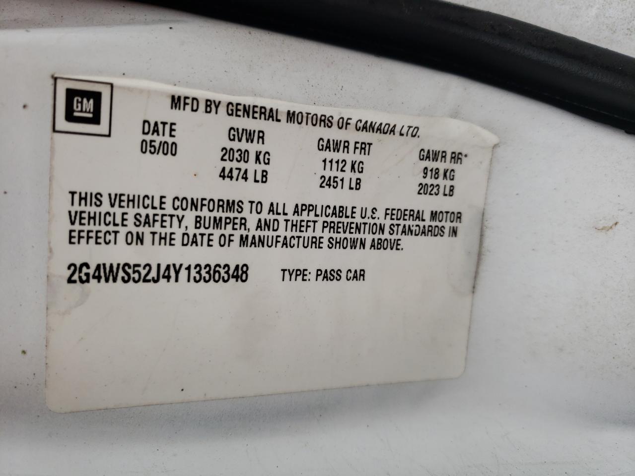 Photo 10 from auction – 2000 BUICK CENTURY CU with VIN 2G4WS52J4Y1336348