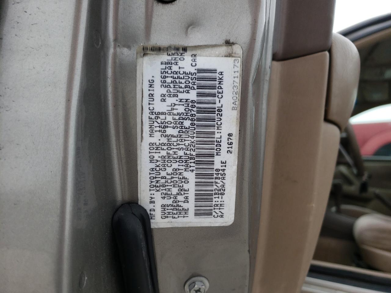 Photo 10 from auction – 1997 TOYOTA CAMRY CE with VIN 4T1BF22K4VU008700