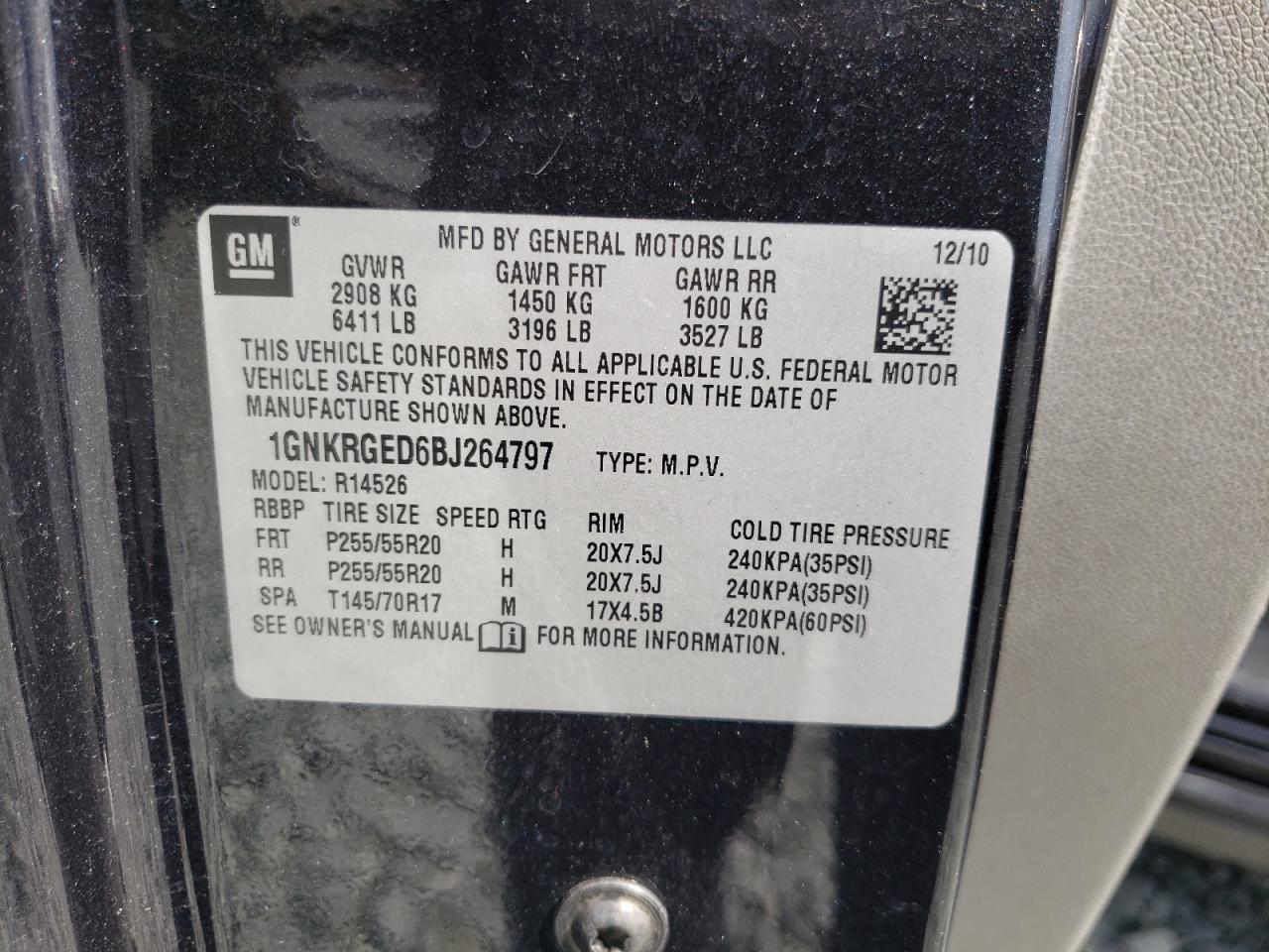 Photo 10 from auction – 2011 CHEVROLET TRAVERSE L with VIN 1GNKRGED6BJ264797