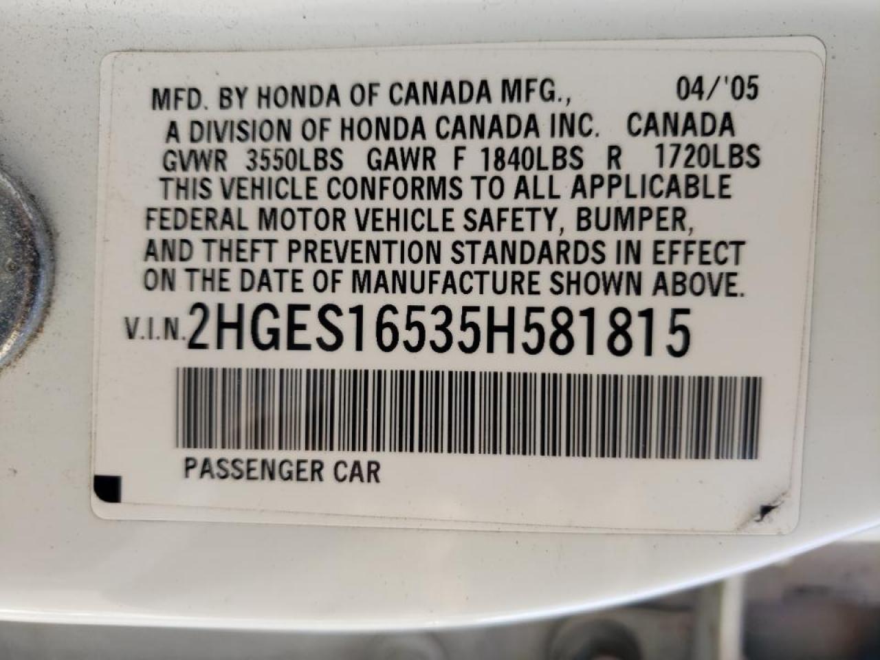 Photo 10 from auction – 2005 HONDA CIVIC LX with VIN 2HGES16535H581815