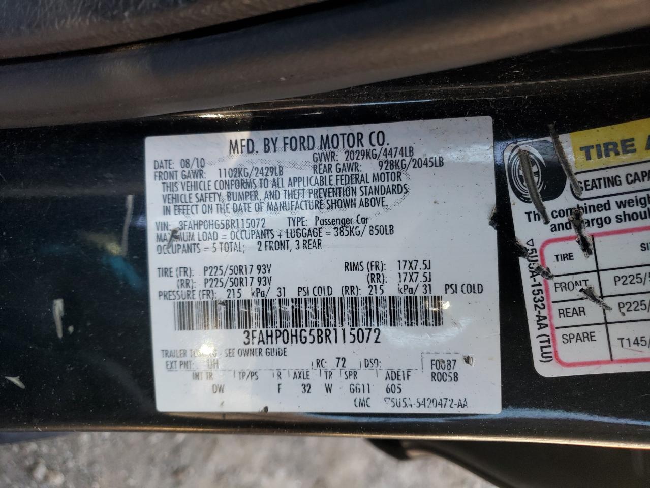 Photo 10 from auction – 2011 FORD FUSION SE with VIN 3FAHP0HG5BR115072