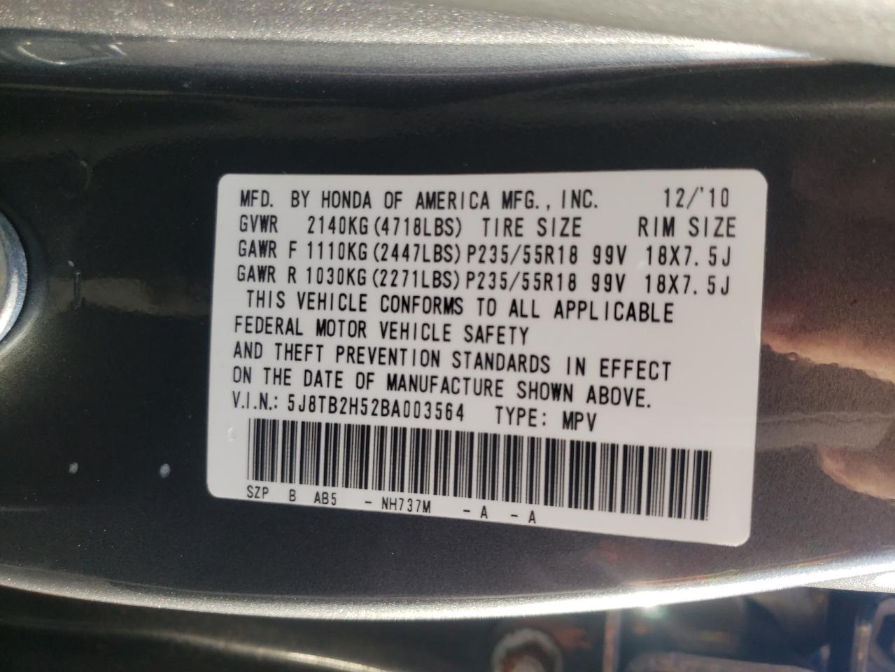 Photo 10 from auction – 2011 ACURA RDX TECHNO with VIN 5J8TB2H52BA003564