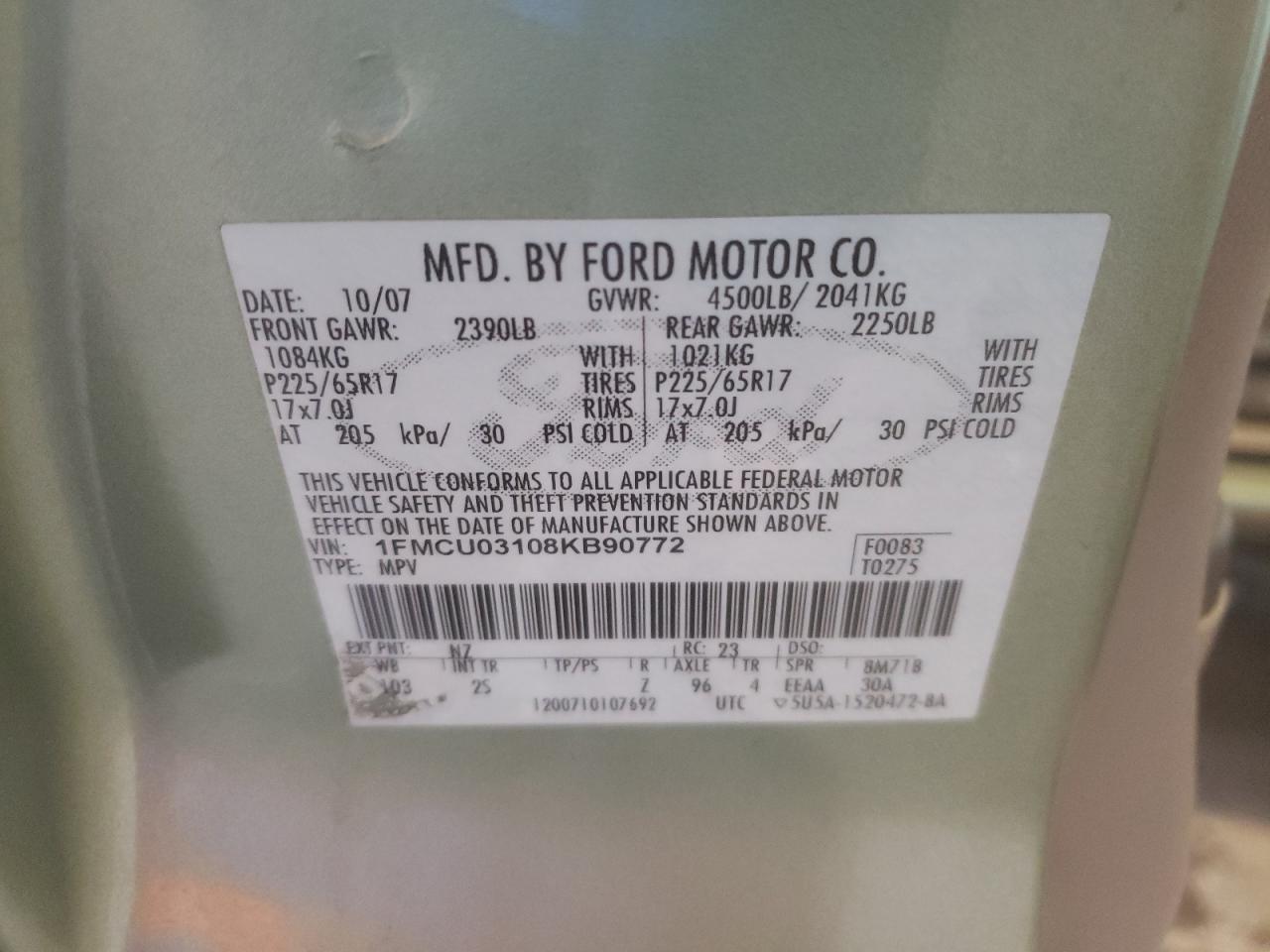 Photo 10 from auction – 2008 FORD ESCAPE XLT with VIN 1FMCU03108KB90772
