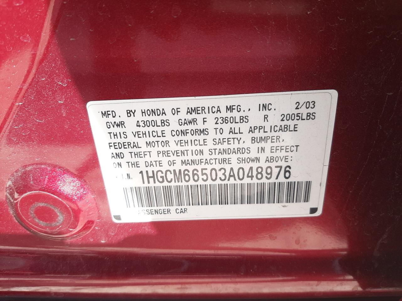 Photo 10 from auction – 2003 HONDA ACCORD EX with VIN 1HGCM66503A048976