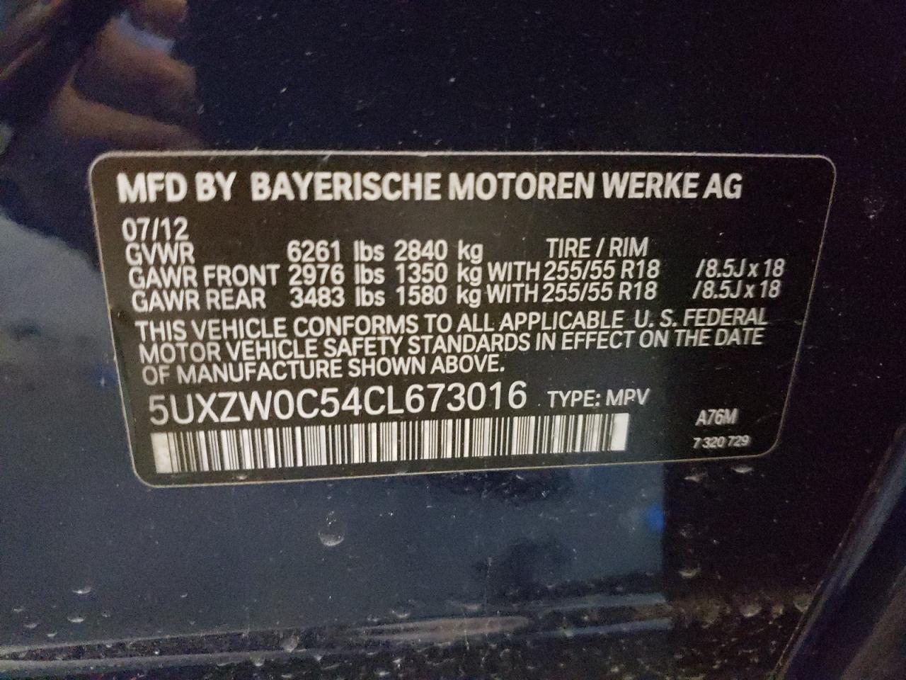 Photo 10 from auction – 2012 BMW X5 XDRIVE3 with VIN 5UXZW0C54CL673016