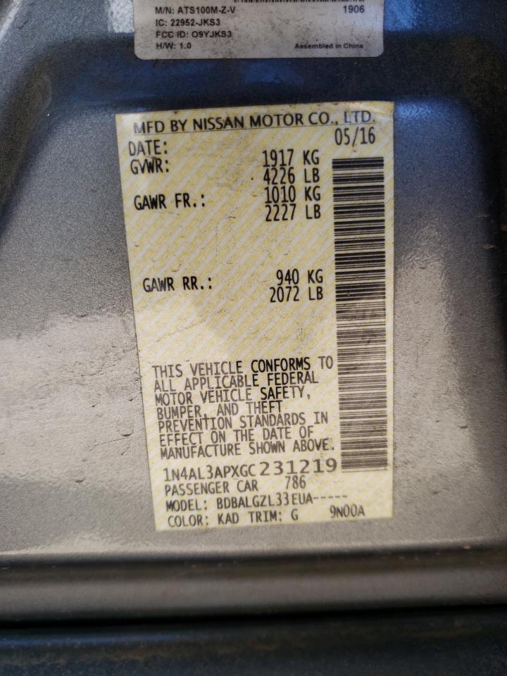 Photo 10 from auction – 2016 NISSAN ALTIMA 2.5 with VIN 1N4AL3APXGC231219