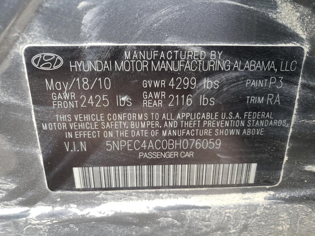 Photo 10 from auction – 2011 HYUNDAI SONATA SE with VIN 5NPEC4AC0BH076059