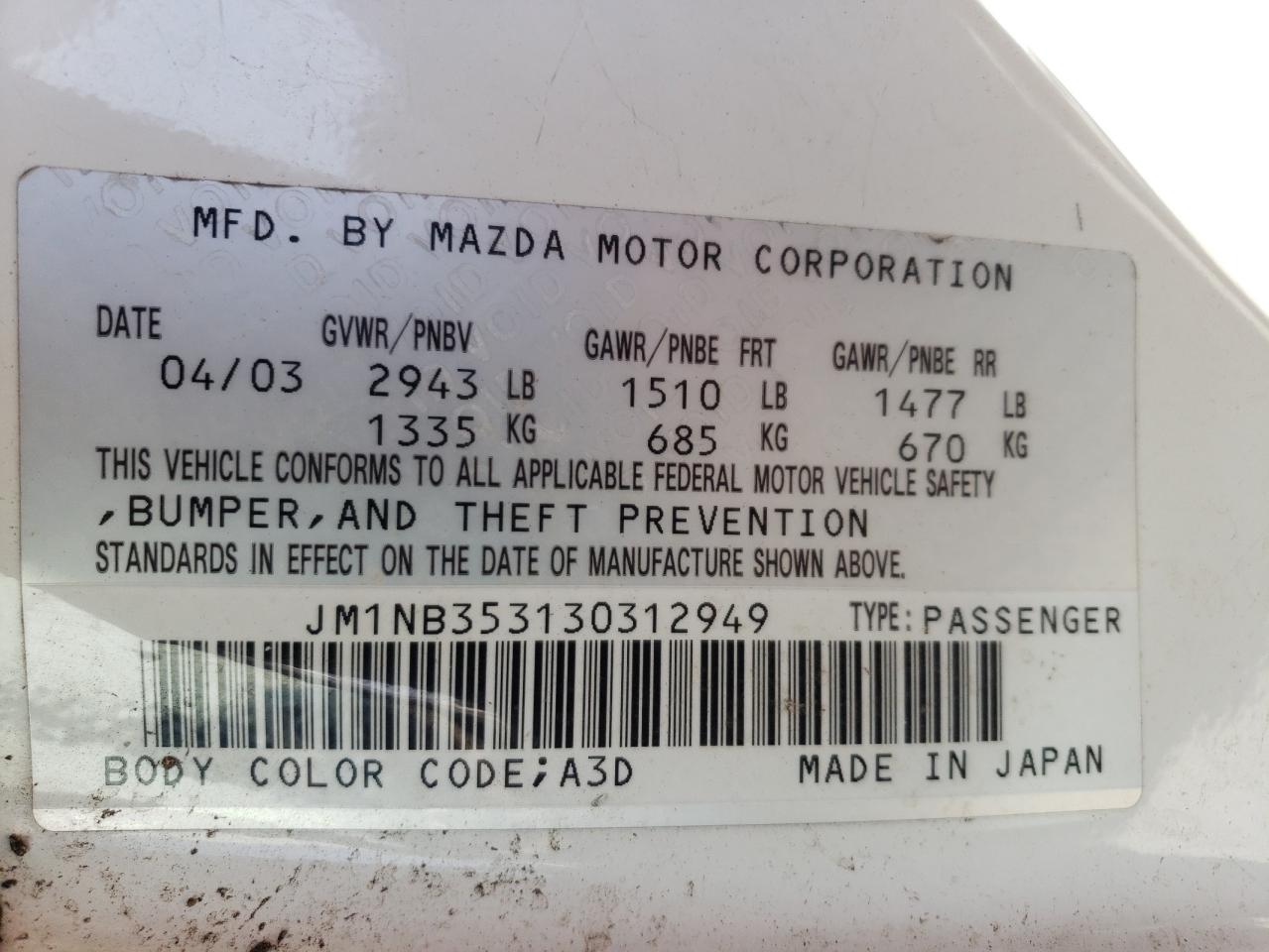 Photo 10 from auction – 2003 MAZDA MX-5 MIATA with VIN JM1NB353130312949