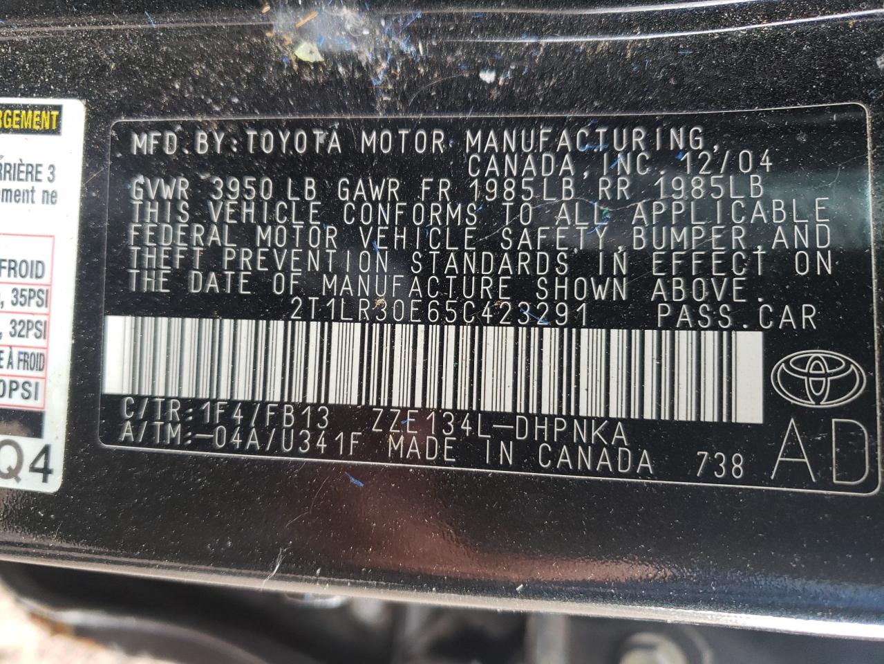 Photo 10 from auction – 2005 TOYOTA COROLLA MA with VIN 2T1LR30E65C423291