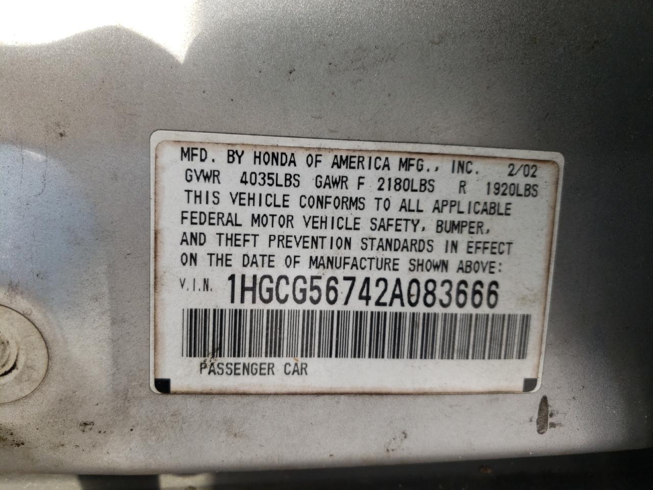 Photo 10 from auction – 2002 HONDA ACCORD with VIN 1HGCG56742A083666