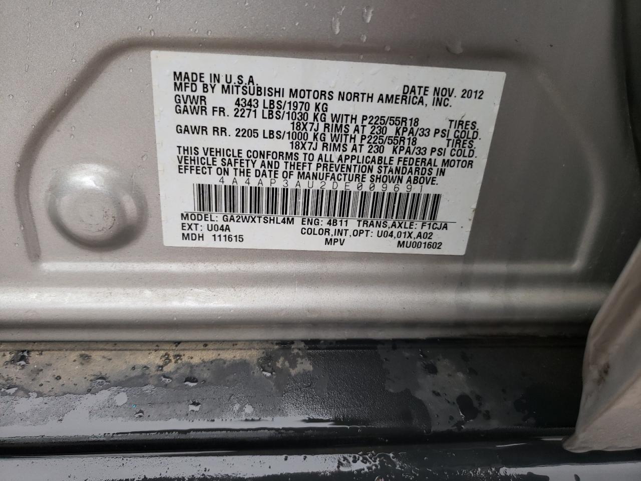 Photo 10 from auction – 2013 MITSUBISHI OUTLANDER with VIN 4A4AP3AU2DE009691