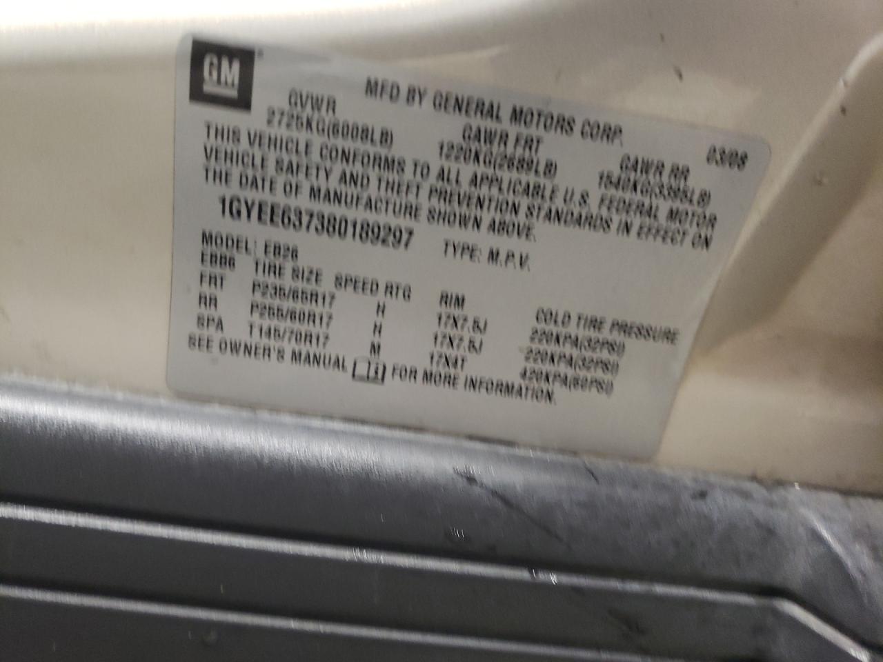 Photo 10 from auction – 2008 CADILLAC SRX with VIN 1GYEE637380189297