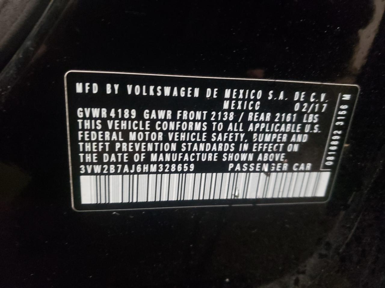 Photo 10 from auction – 2017 VOLKSWAGEN JETTA S with VIN 3VW2B7AJ6HM328659