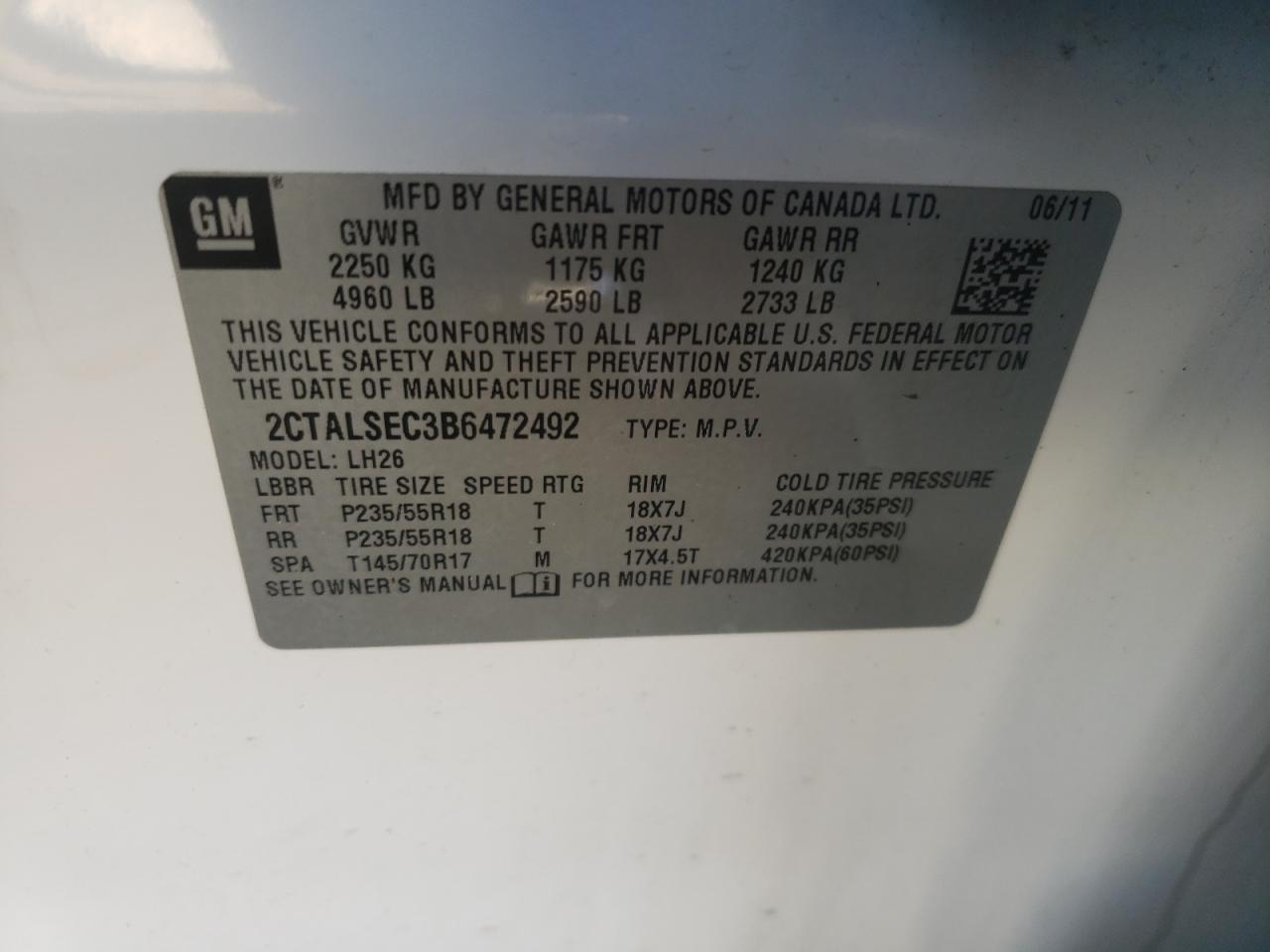 Photo 10 from auction – 2011 GMC TERRAIN SL with VIN 2CTALSEC3B6472492