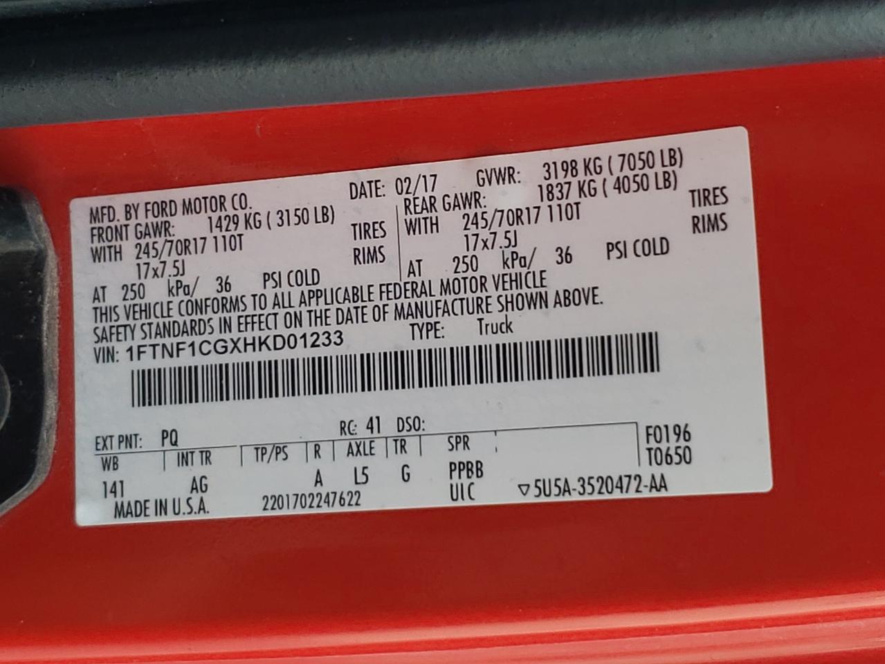 Photo 10 from auction – 2017 FORD F150 with VIN 1FTNF1CGXHKD01233