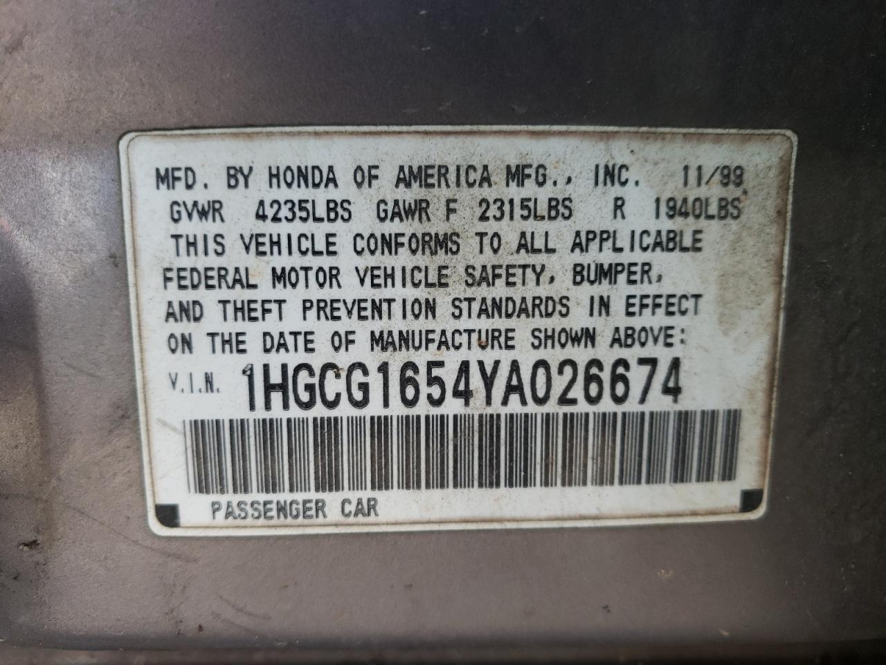 Photo 10 from auction – 2000 HONDA ACCORD with VIN 1HGCG1654YA026674