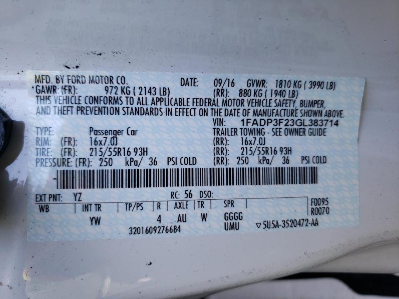 Photo 10 from auction – 2016 FORD FOCUS SE with VIN 1FADP3F23GL383714