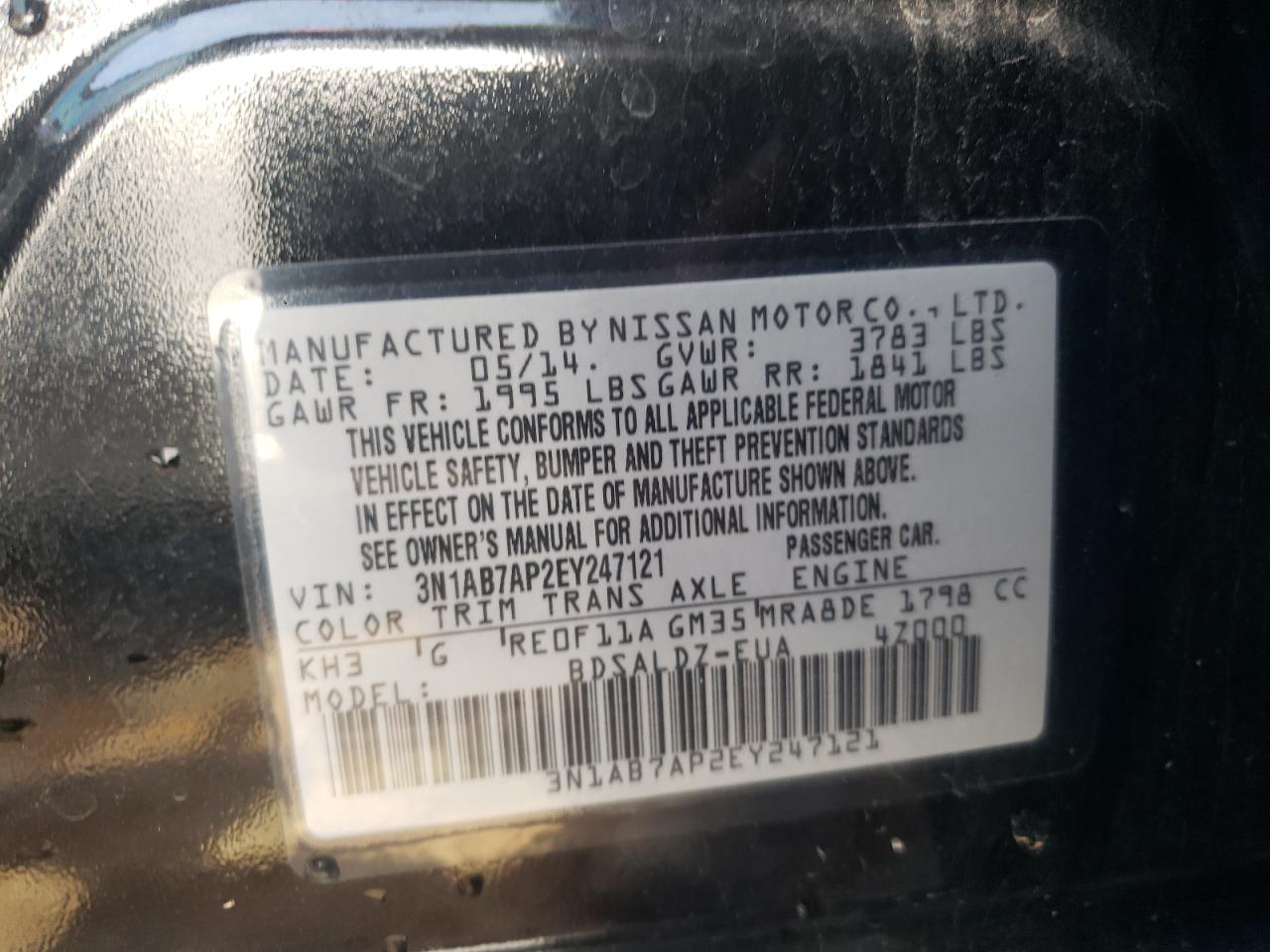 Photo 10 from auction – 2014 NISSAN SENTRA S with VIN 3N1AB7AP2EY247121