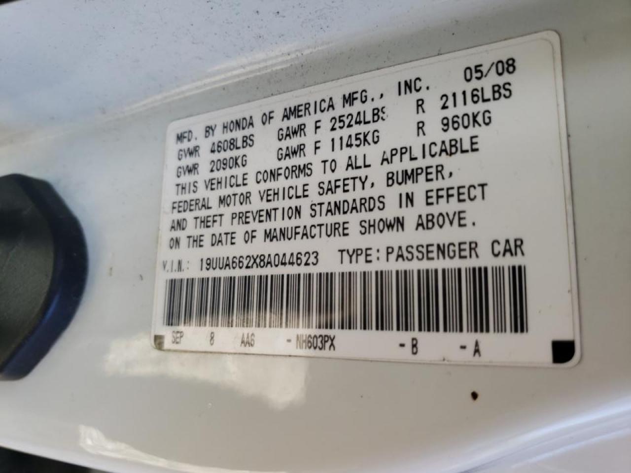 Photo 10 from auction – 2008 ACURA TL with VIN 19UUA662X8A044623