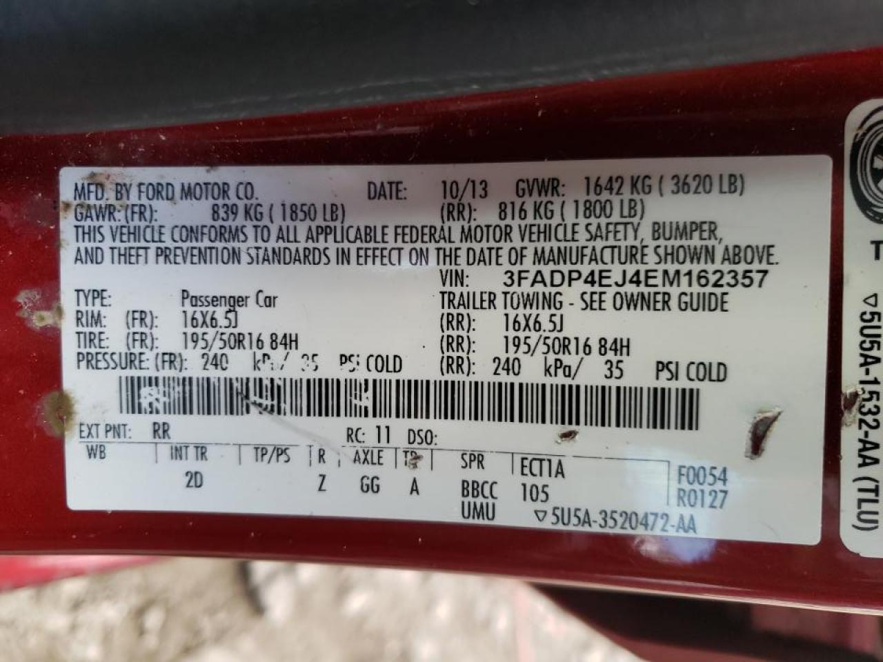 Photo 10 from auction – 2014 FORD FIESTA SE with VIN 3FADP4EJ4EM162357