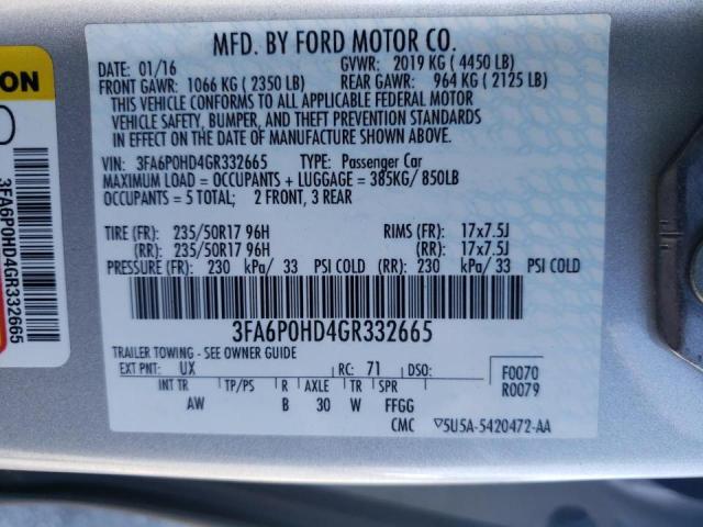 Photo 9 from auction – 2016 FORD FUSION SE with VIN 3FA6P0HD4GR332665