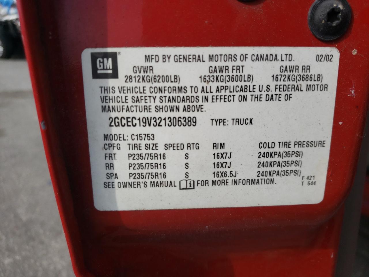 Photo 10 from auction – 2002 CHEVROLET SILVERADO with VIN 2GCEC19V321306389